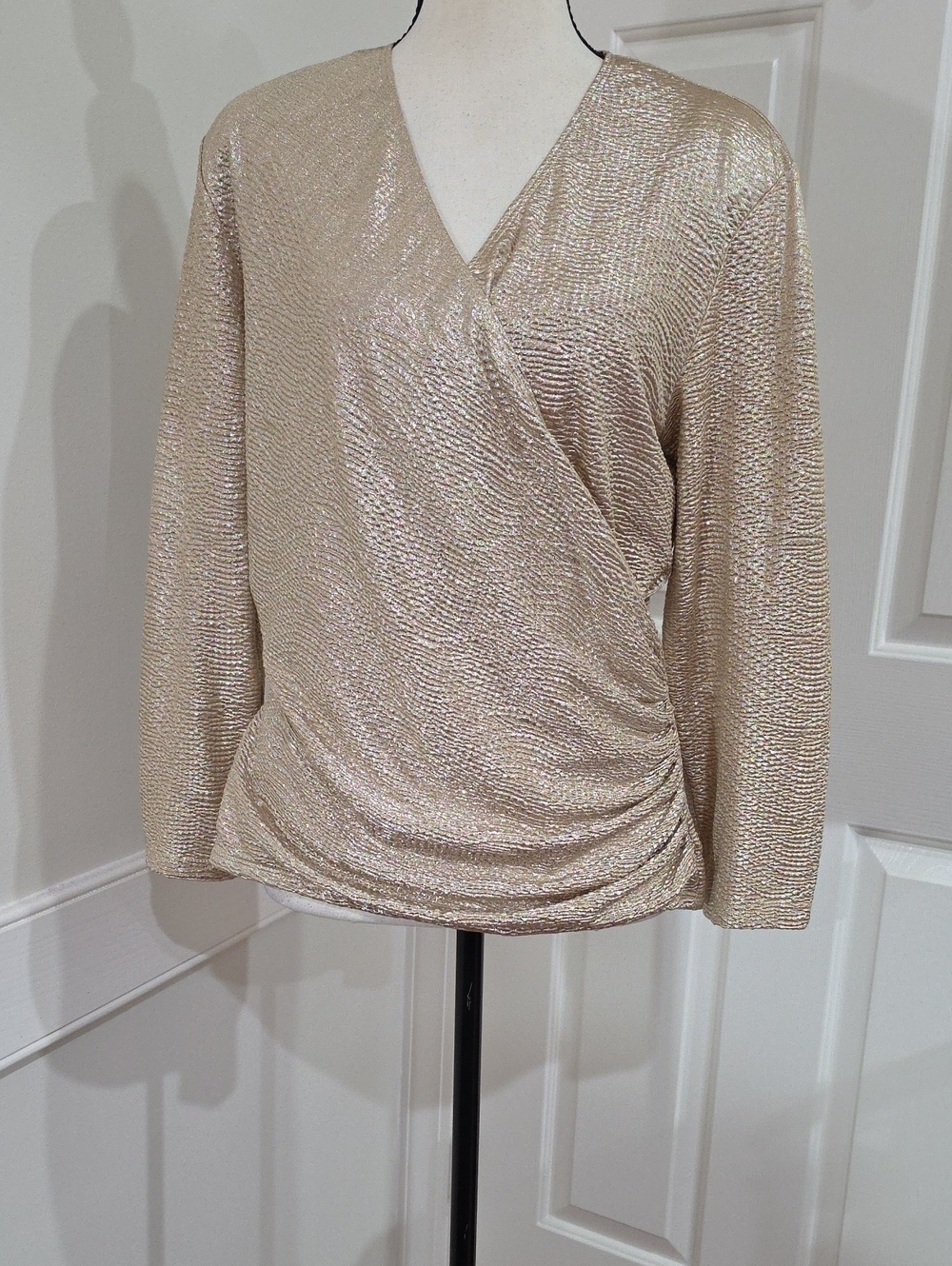 MSK Metallic Gold Long Sleeve Faux-Wrap Blouse - Ruched Side Draped Top ' Size L